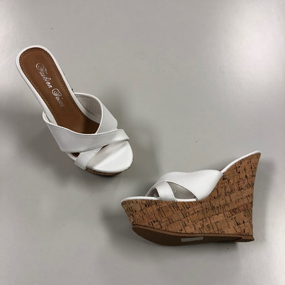 White Cork Wedge Slide Sandals - Fashion Ocean